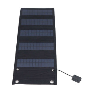 9W Solar Panel foldable charger with dark blue photovoltaic cells, black fabric backing, reinforced bands and attached cable