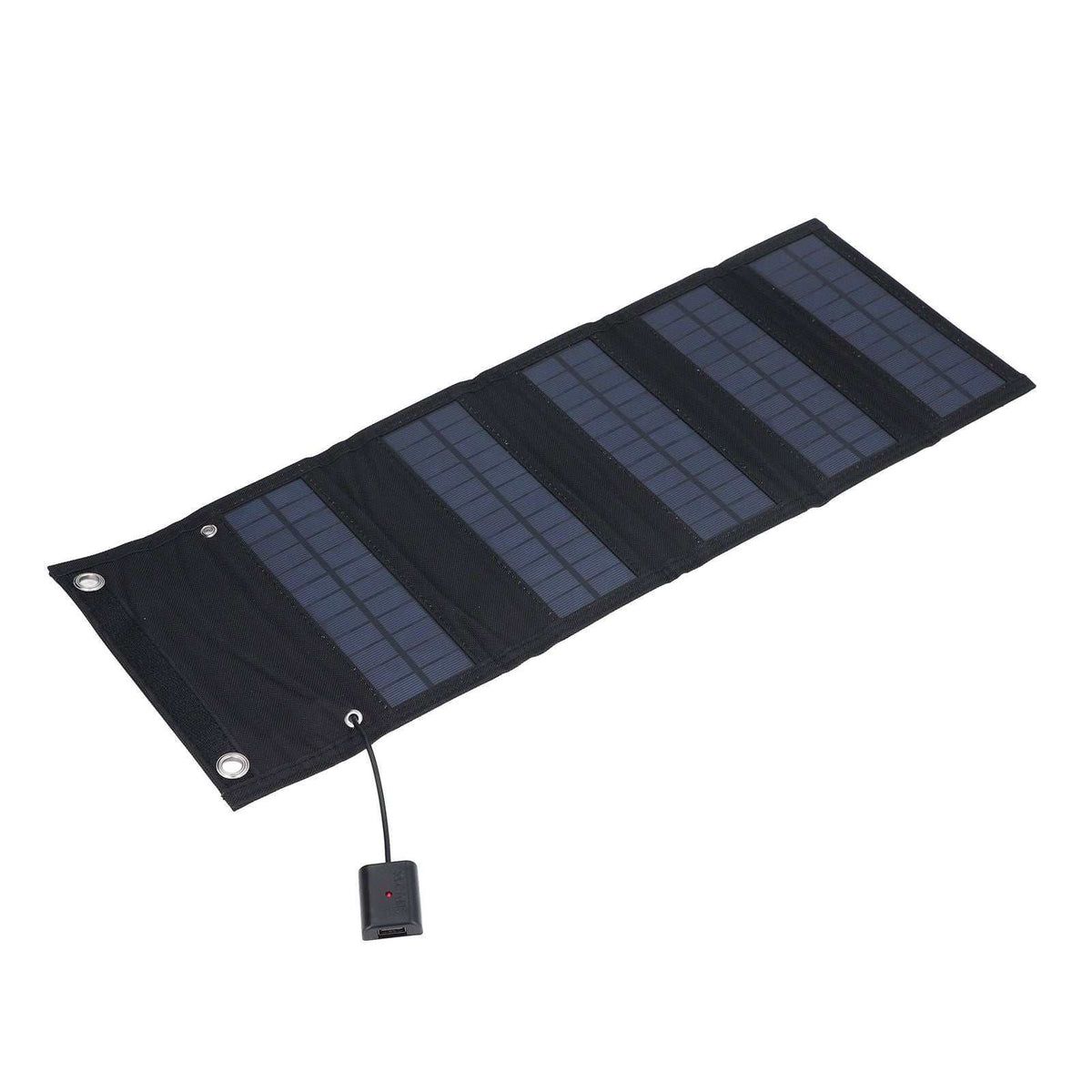 9W Solar Panel with four dark blue monocrystalline cells in a black foldable fabric charger and USB output