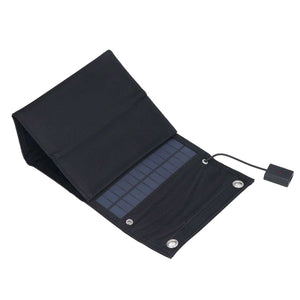 9W Solar Panel charger with black foldable fabric case, blue-black solar cells and attached USB cable