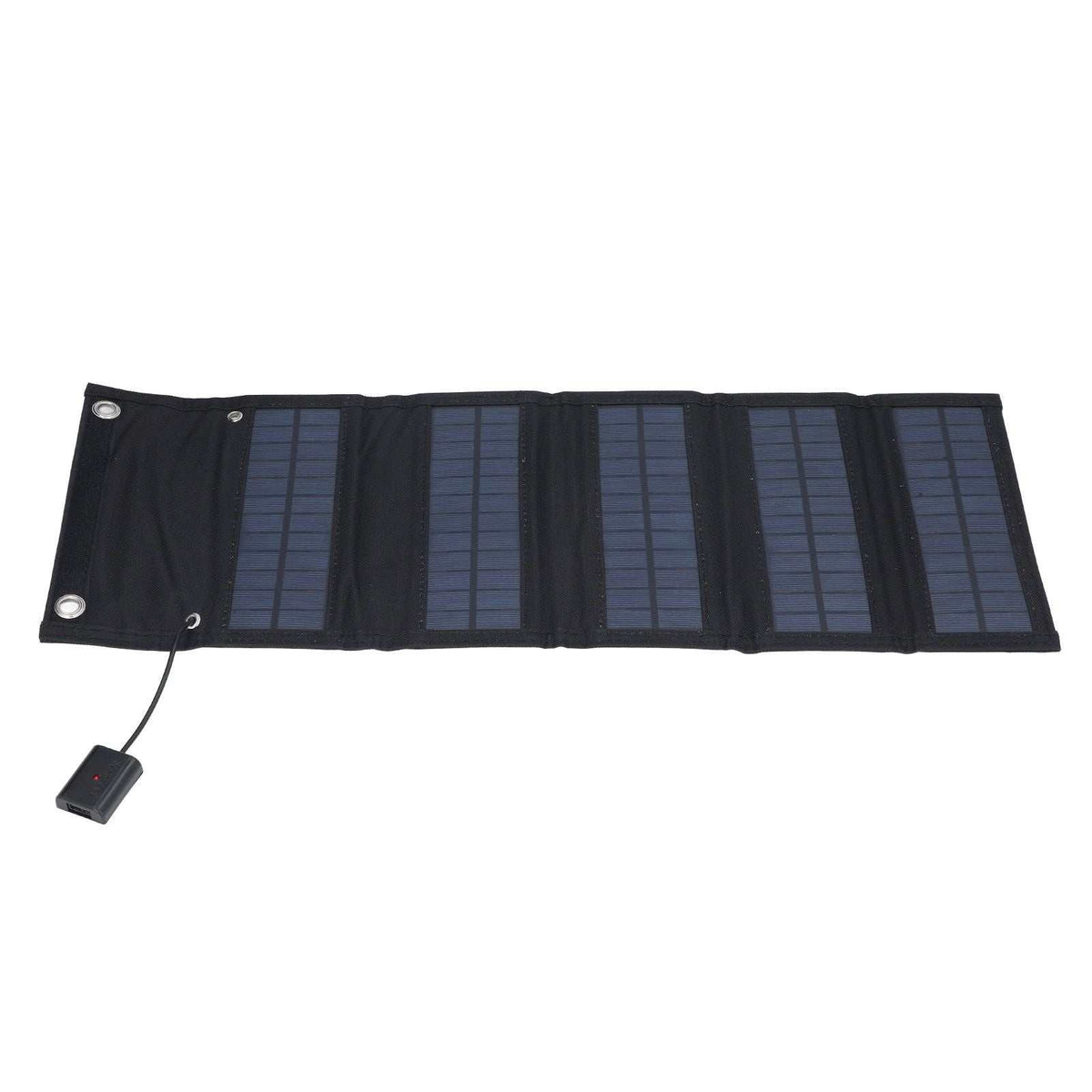 9W Solar Panel foldable charger with five dark blue photovoltaic sections, black fabric backing and attached USB cable