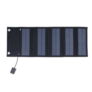 9W Solar Panel in a black foldable fabric charger with blue photovoltaic strips, metal grommets, and attached cable