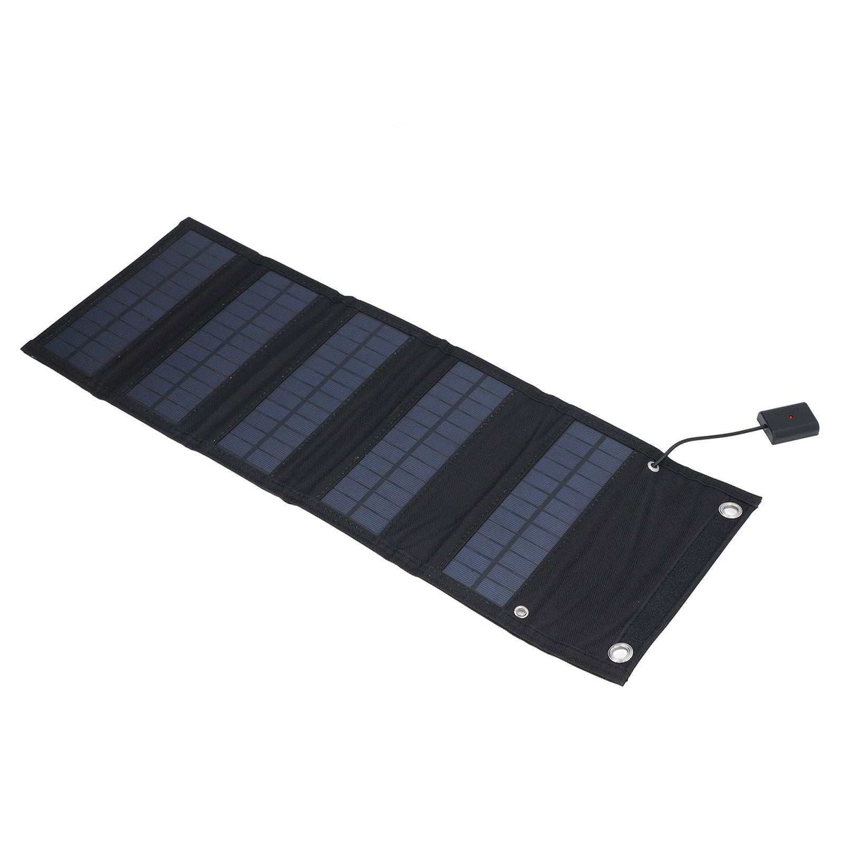 9W Solar Panel with four dark monocrystalline solar cell sections in a black foldable fabric charger with USB cable