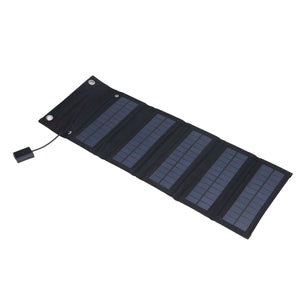9W Solar Panel in a black foldable fabric charger with five dark blue solar sections, metal eyelets and a USB cable
