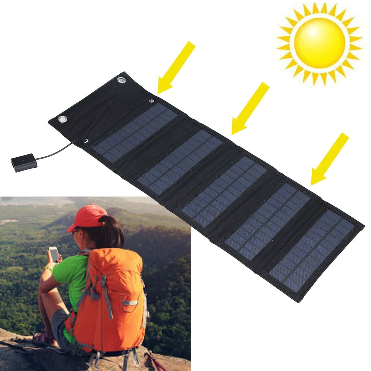 9W Solar Panel portable foldable charger with four dark blue solar cells on a black fabric backing and USB cable