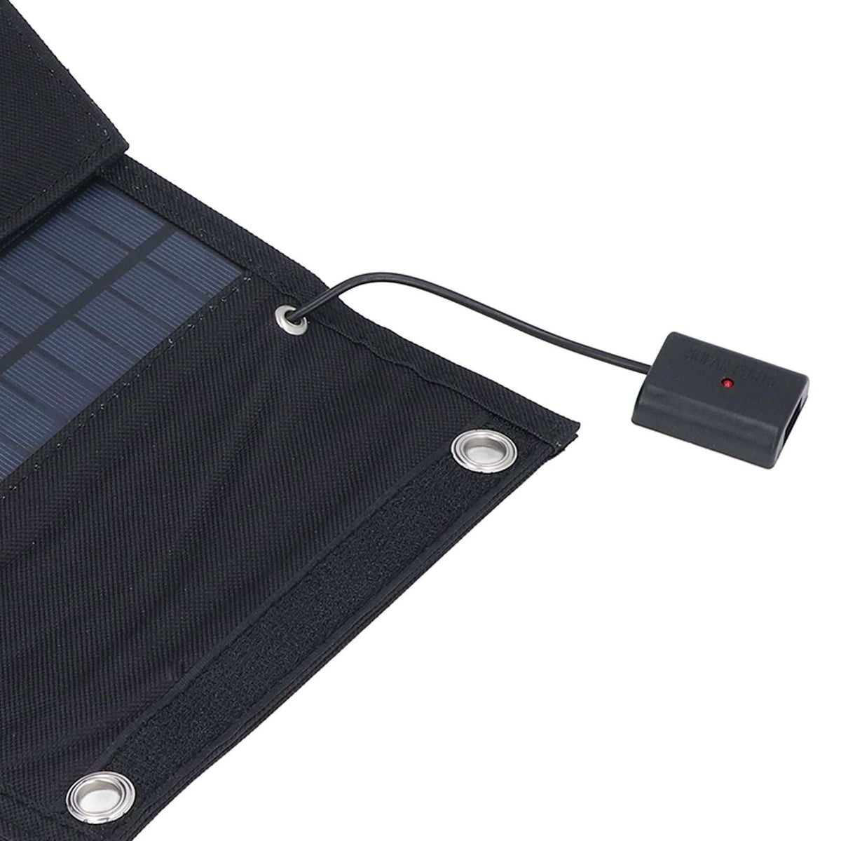 9W Solar Panel foldable charger with dark blue photovoltaic cells, black fabric casing, metal eyelets and wired USB port