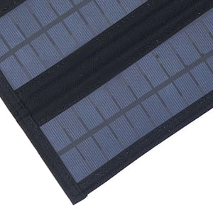9W Solar Panel with blue monocrystalline cells in a black fabric frame, arranged in a compact foldable design