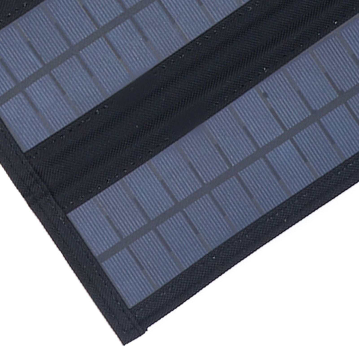 9W Solar Panel with blue monocrystalline cells in a black fabric frame, arranged in a compact foldable design