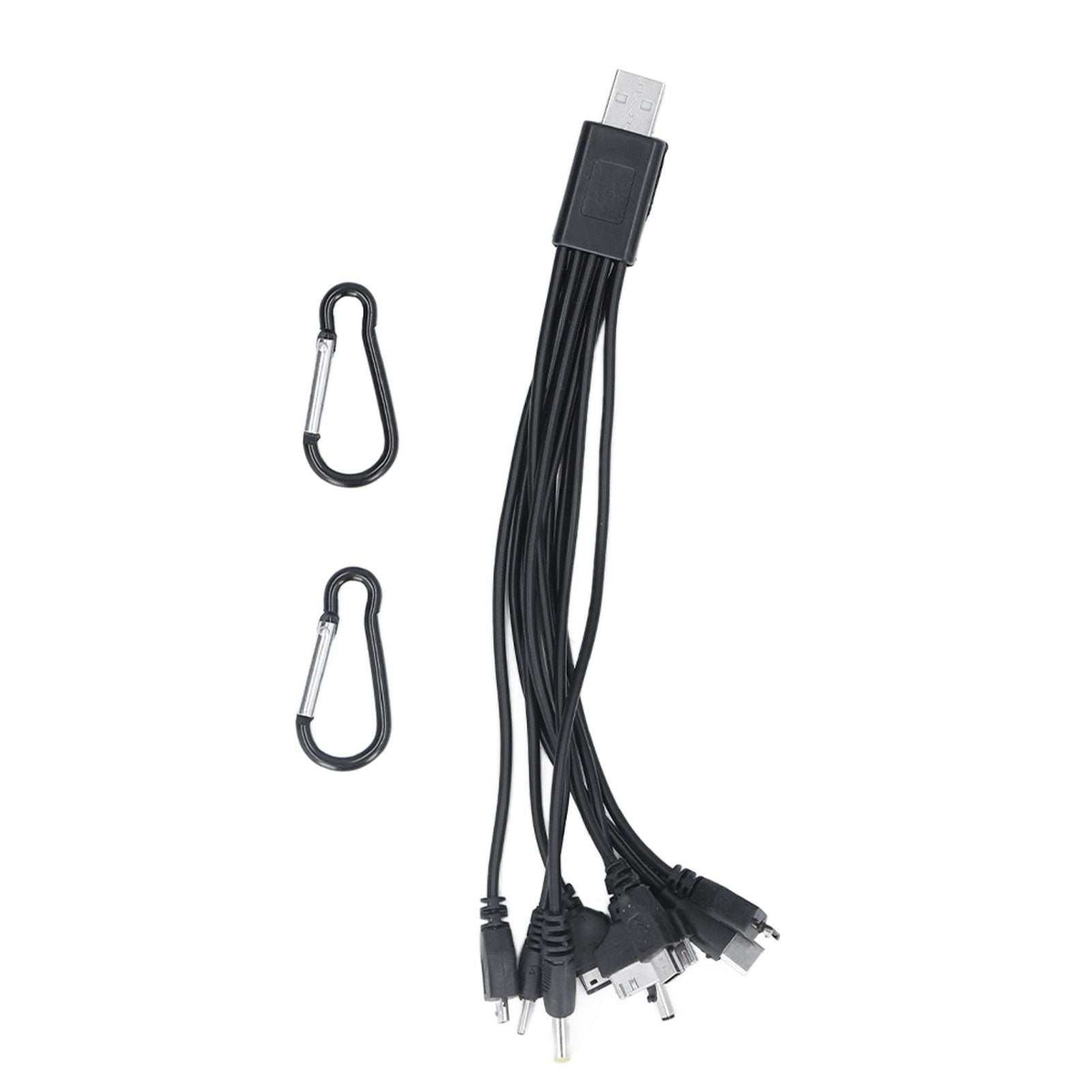9W Solar Panel accessory set with a black multi-connector USB cable and two silver-and-black carabiners