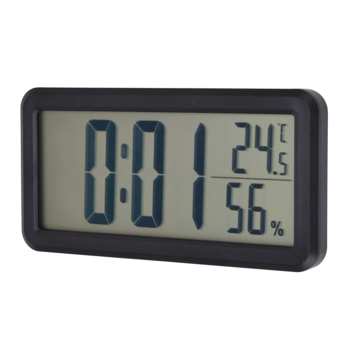 Digital Alarm Clock with a black plastic frame and LCD screen displaying the time, temperature and humidity readings