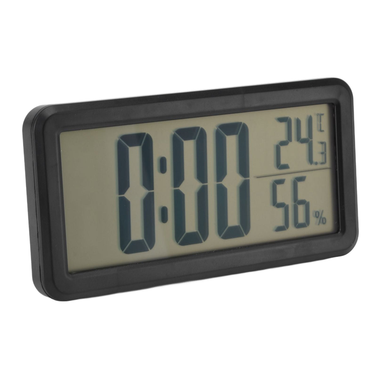 Digital Alarm Clock with a black plastic casing and LCD screen displaying the time, temperature and humidity