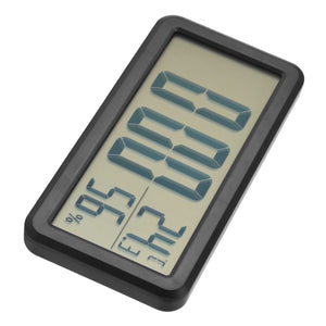 Digital Alarm Clock in a black ABS rectangular case with a large LCD screen displaying time, temperature and humidity