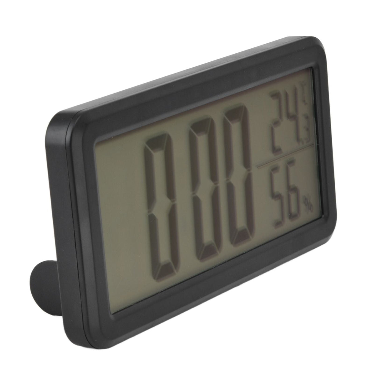 Digital Alarm Clock with a black plastic frame and large LCD digits displaying the time, temperature and humidity