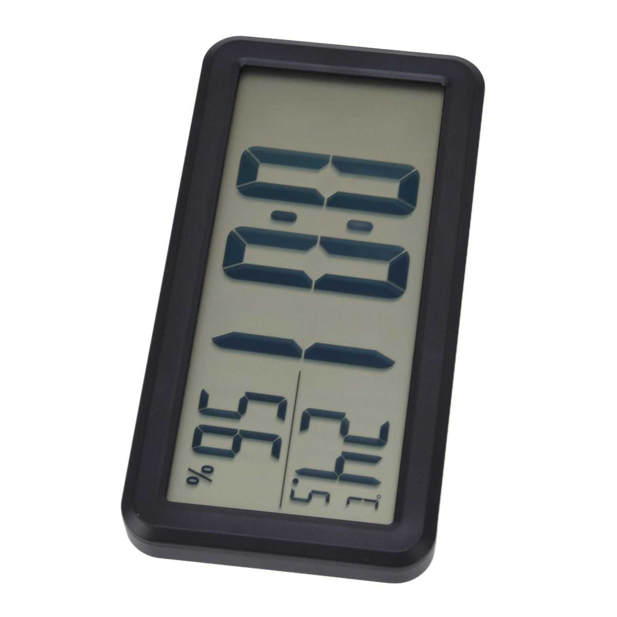 Digital Alarm Clock with a black plastic frame, showing large LCD digits and temperature and humidity readings