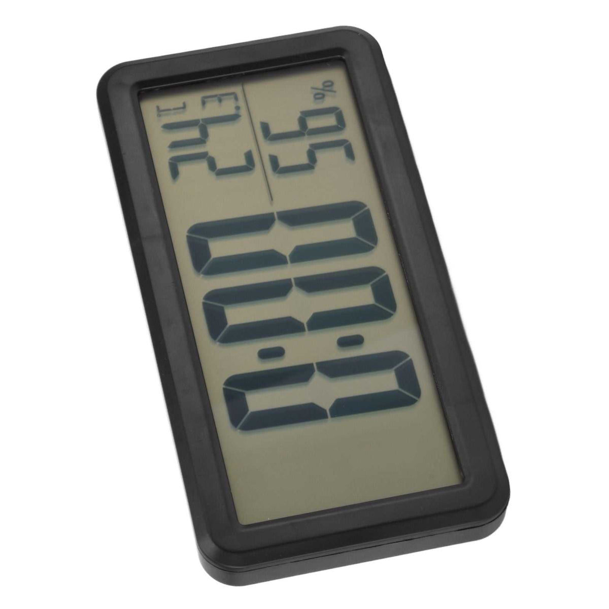 Digital Alarm Clock with a black plastic frame and large LCD time display, showing temperature and humidity readings