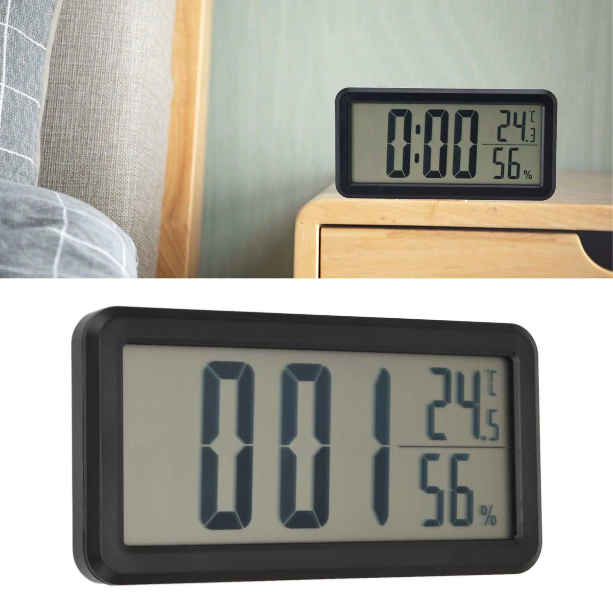 Digital Alarm Clock with a black ABS rectangular frame and large LCD digits showing time, temperature and humidity