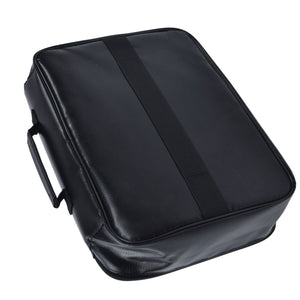 Fireproof Document Bag in black with a smooth coated finish, structured rectangular shape, central strap and side handle.