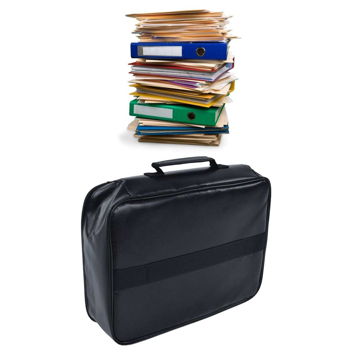 Fireproof Document Bag in black silicone-coated material with a rectangular shape, sturdy handle and front strap