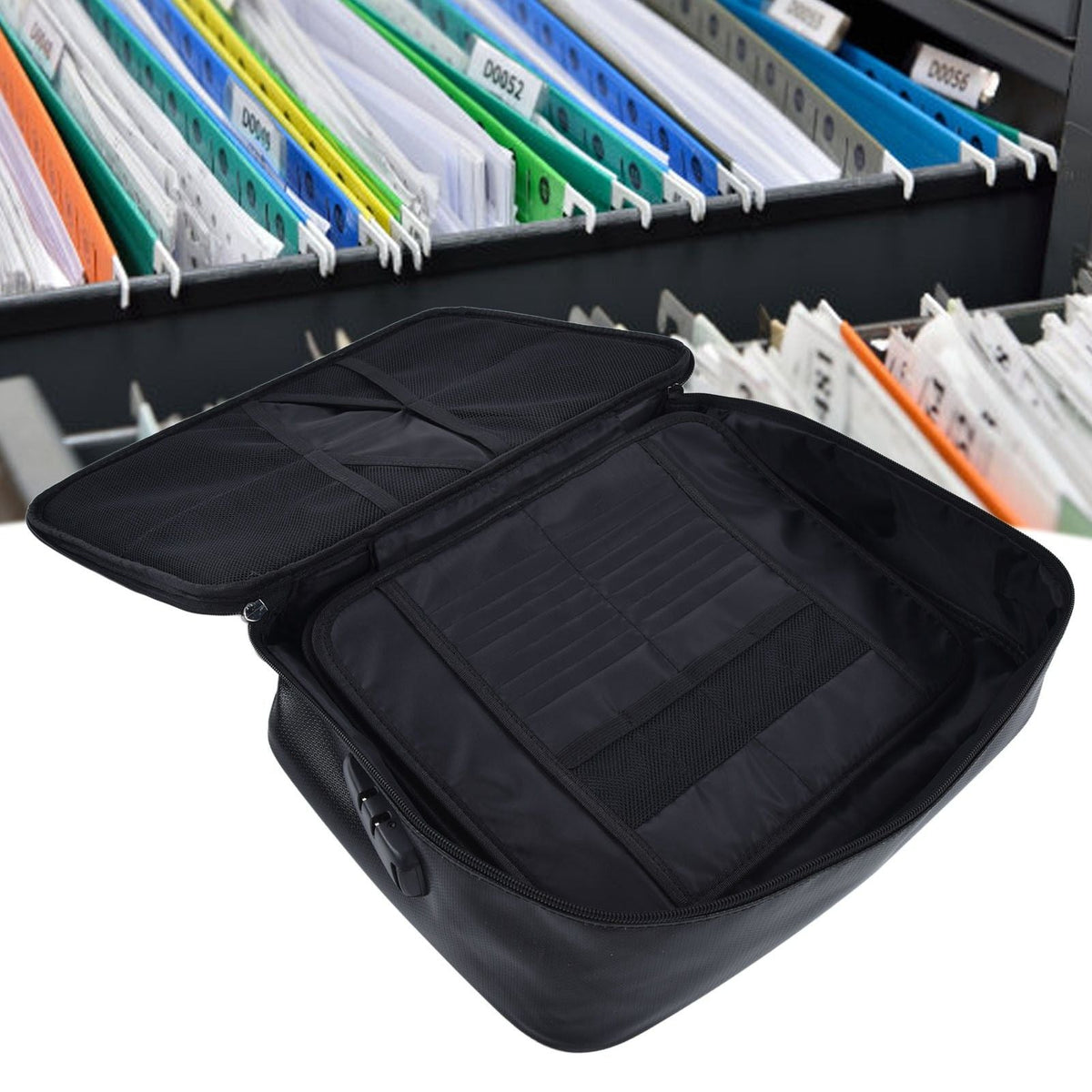 Fireproof Document Bag in black with a soft fabric exterior, opened to reveal a spacious organizer interior with stitched pockets and slots