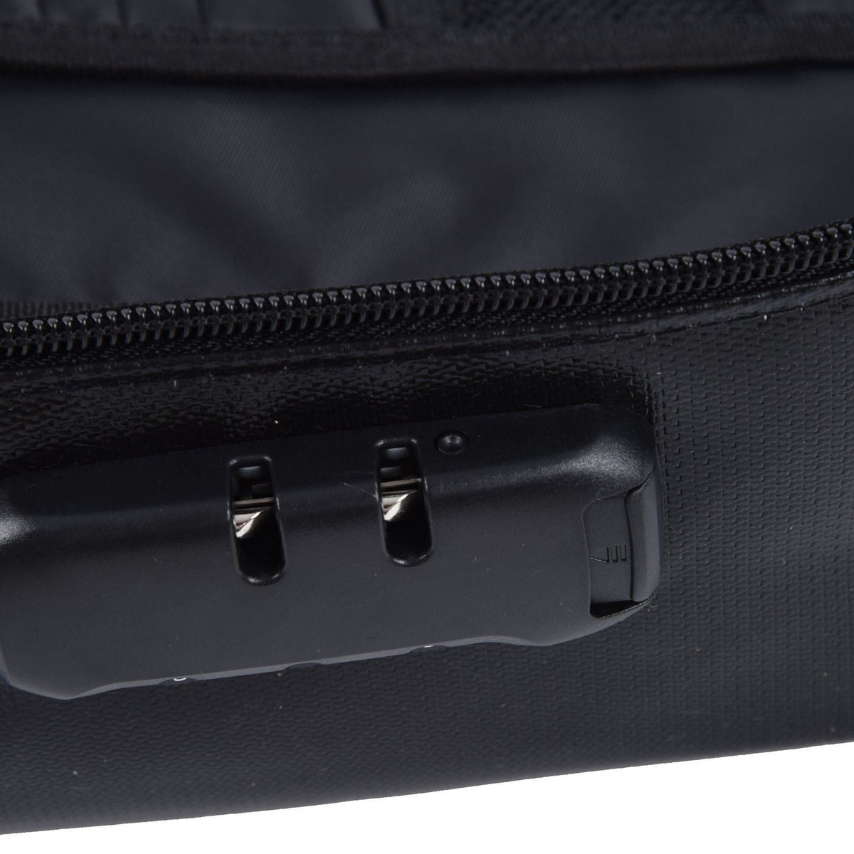 Fireproof Document Bag in black textured fabric with a front zipper and integrated combination lock.