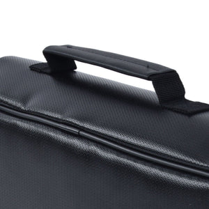 Fireproof Document Bag in black textured material, featuring a sturdy padded carry handle and reinforced strap attachments