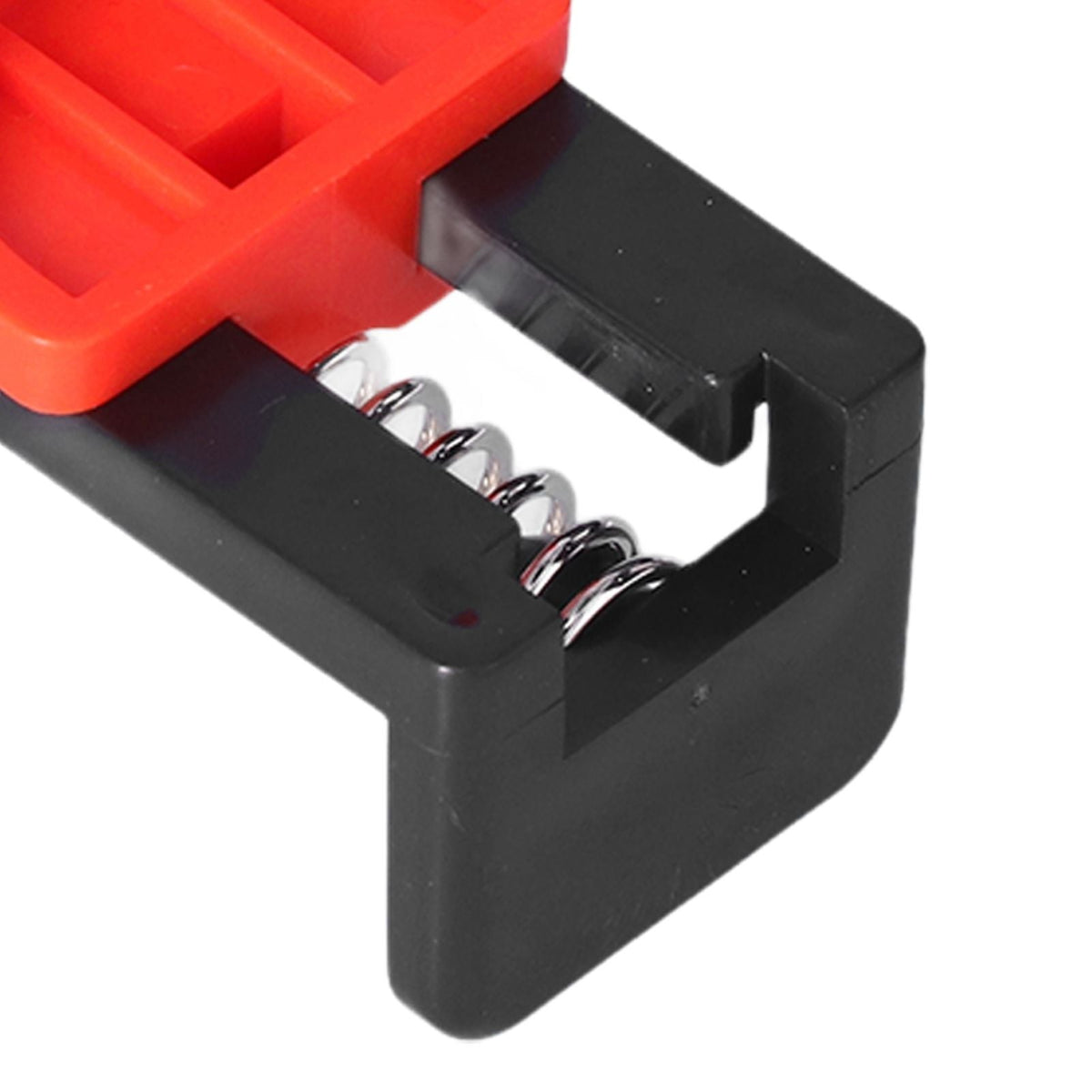 Angle Clamps with a red ABS jaw, black body and exposed metal spring for gripping woodworking joints