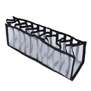 Mesh Bras Storage Box in white nylon mesh with black trim, long rectangular shape and multiple open compartments