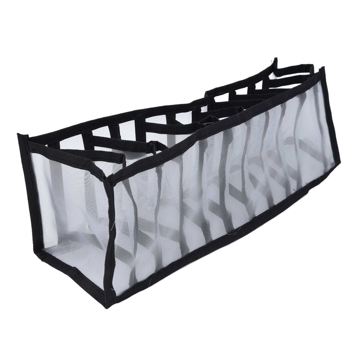 Mesh Bras Storage Box with translucent white mesh walls, black fabric edging and multiple divided compartments