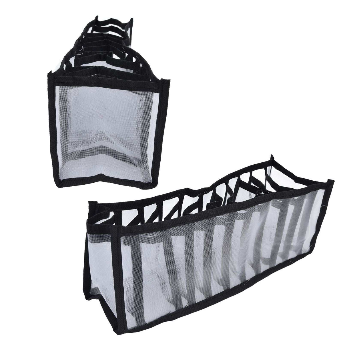 Mesh Bras Storage Box in translucent grey mesh with black trim, featuring eleven divided compartments and a foldable design