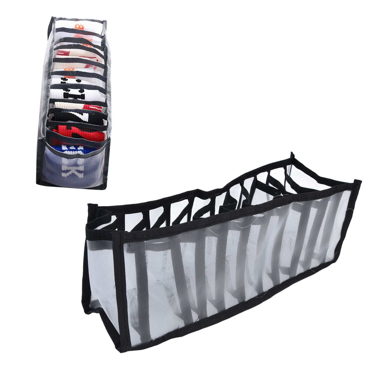Mesh Bras Storage Box organiser in translucent grey mesh with black trim and multiple compartments, shown flat and filled with clothes.