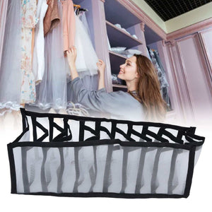 Mesh Bras Storage Box, long rectangular organizer in black nylon mesh with multiple divided compartments and a foldable design