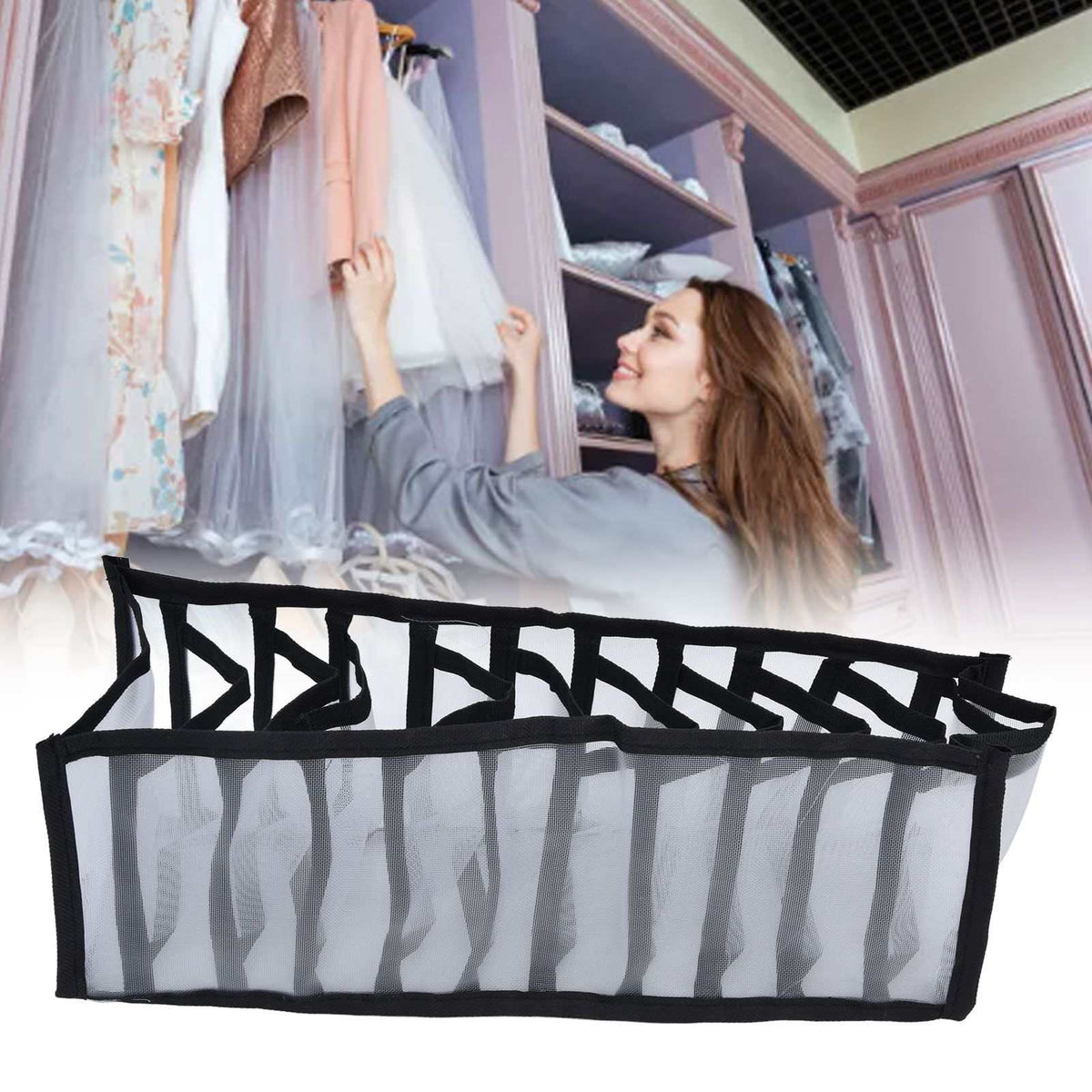 Mesh Bras Storage Box, long rectangular organizer in black nylon mesh with multiple divided compartments and a foldable design
