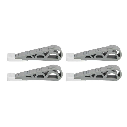 4PCS Stacked Door Stop set of four grey plastic door stoppers with white rubber tips and angled open-frame design