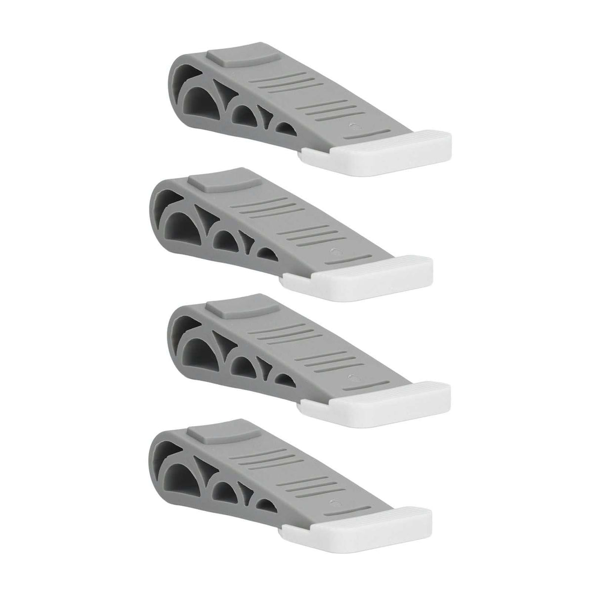 4PCS Stacked Door Stop set with four grey plastic wedges, white end pads and ribbed, cutout non-slip design
