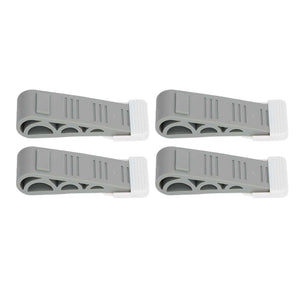 4PCS Stacked Door Stop set of four grey plastic wedges with ribbed faces, triangular cutouts and white end pads.