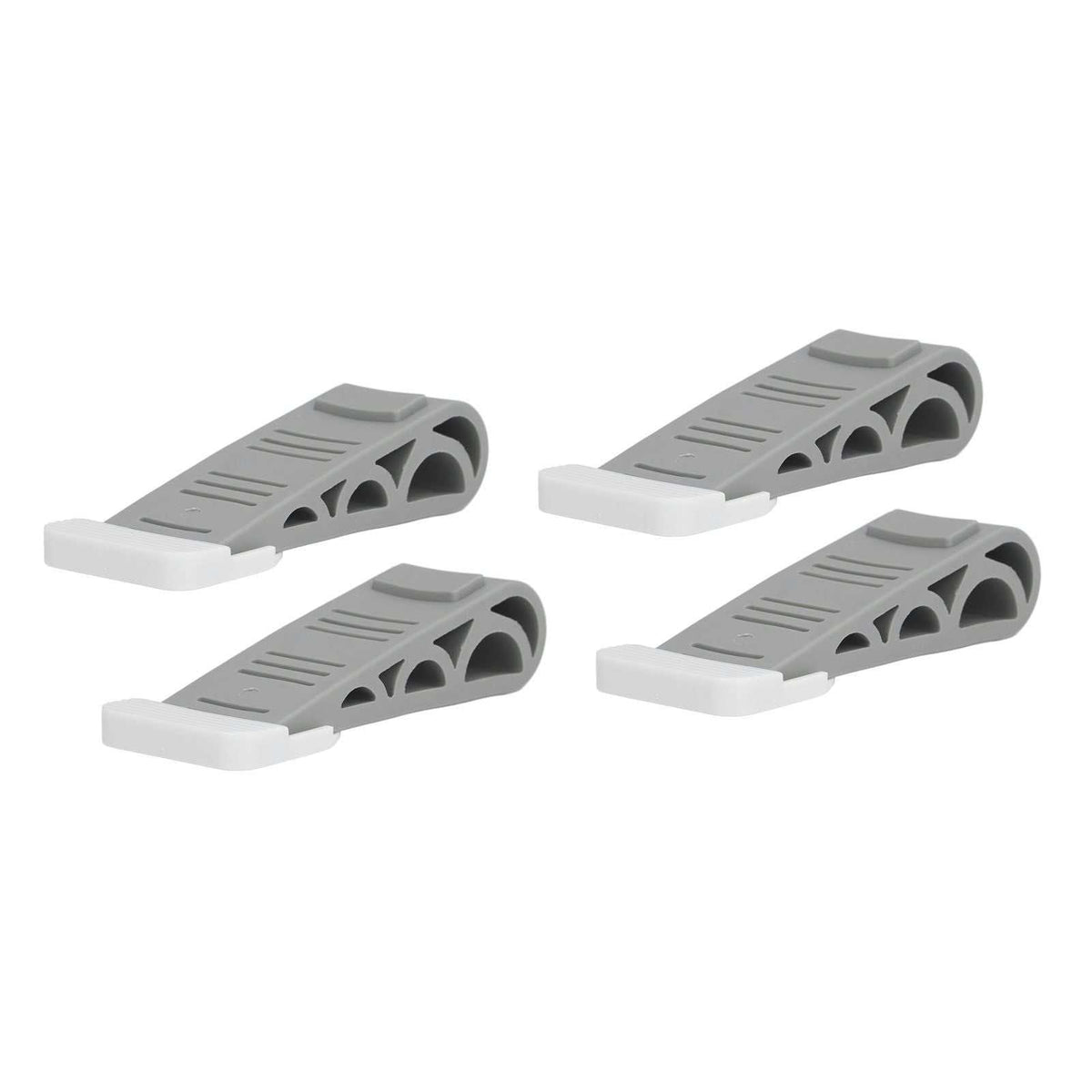 4PCS Stacked Door Stop set in gray and white plastic with angled ribbed wedges, hollow sides and adhesive bases