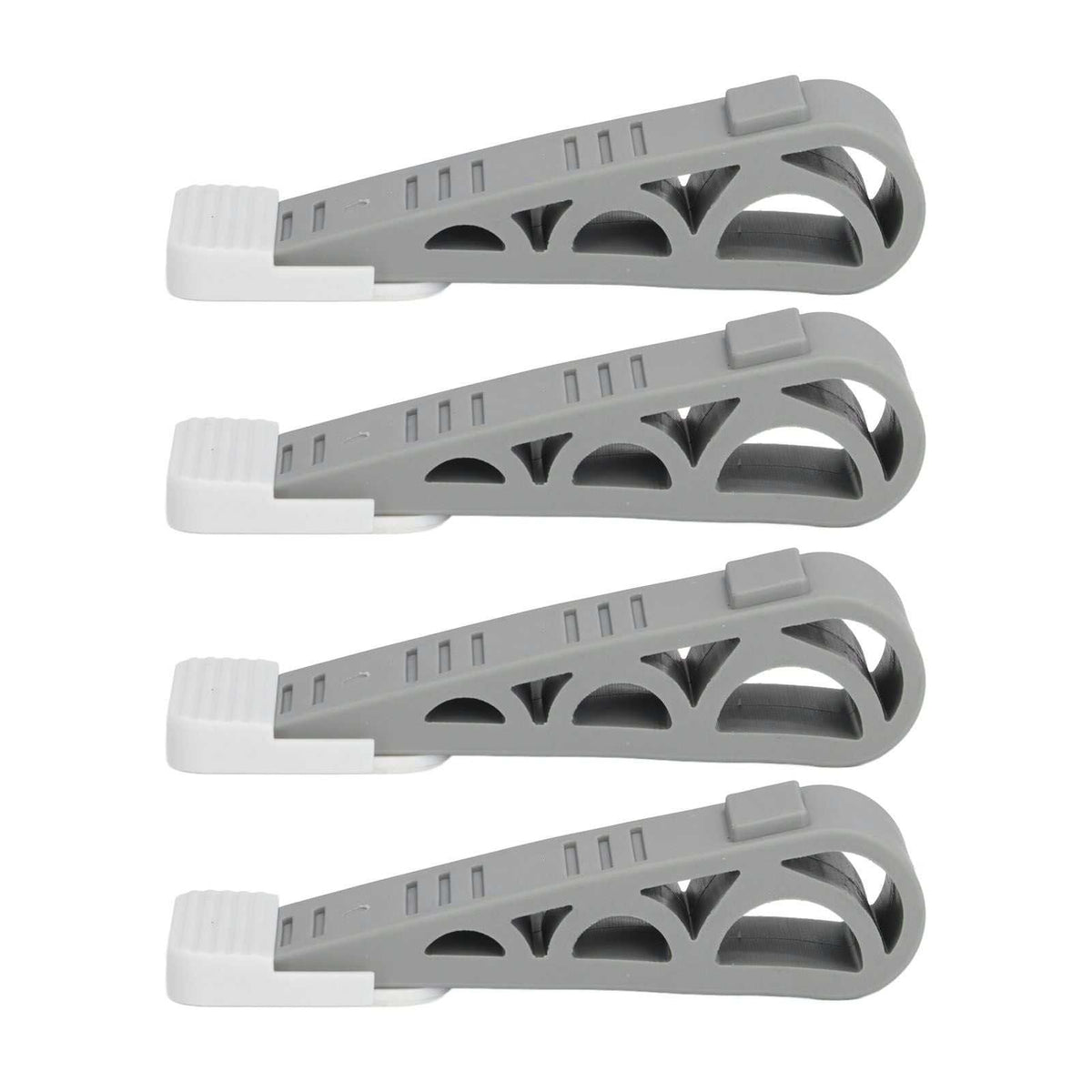 4PCS Stacked Door Stop set in light gray plastic with white rubber ends, featuring an angled open-frame design