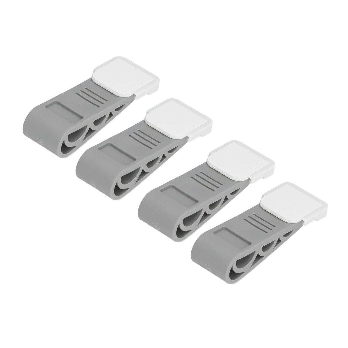 4PCS Stacked Door Stop set in grey rubber and white plastic, with angled wedge bodies and self-adhesive carriers