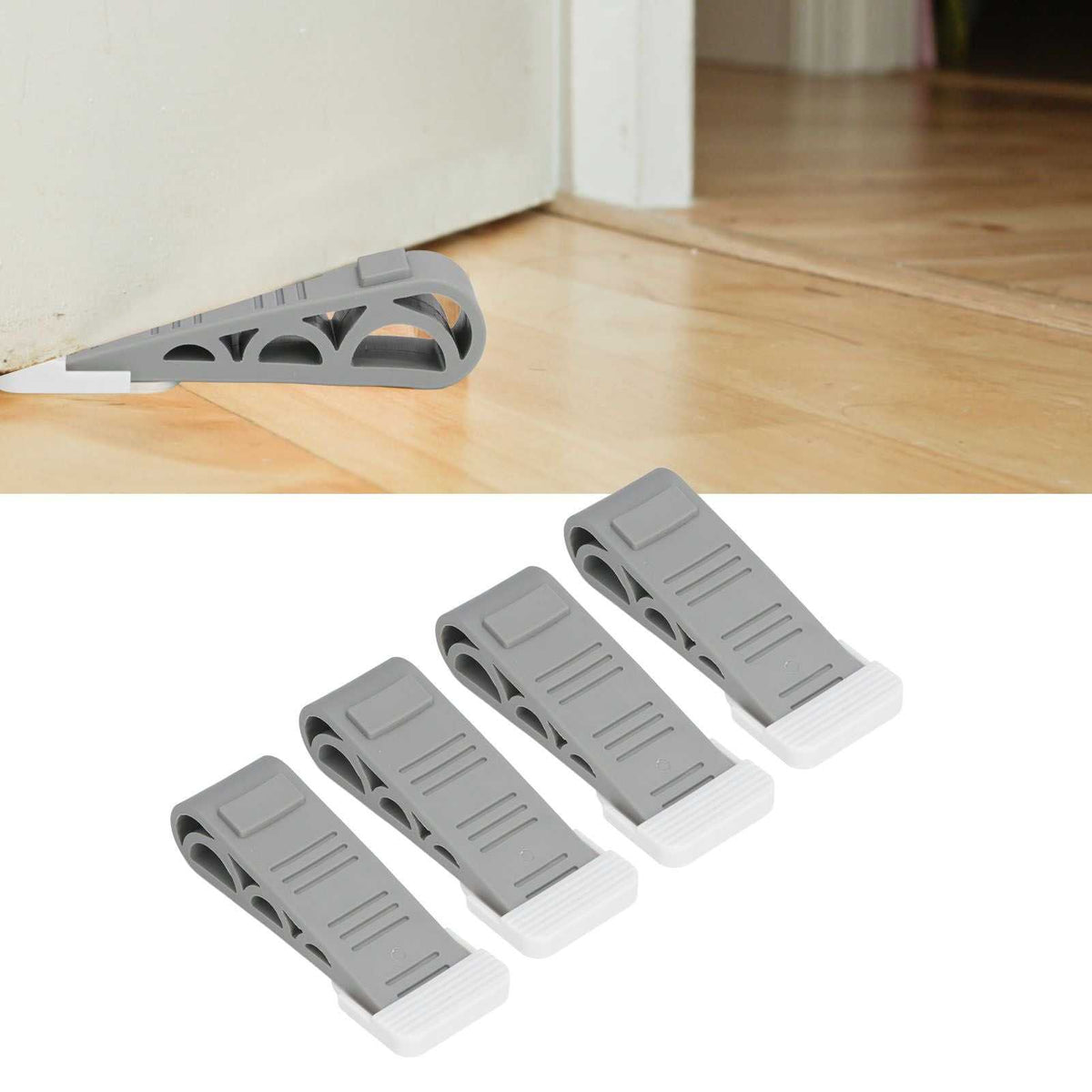 4PCS Stacked Door Stop set of four grey plastic wedges with ribbed tops and white non-slip rubber ends