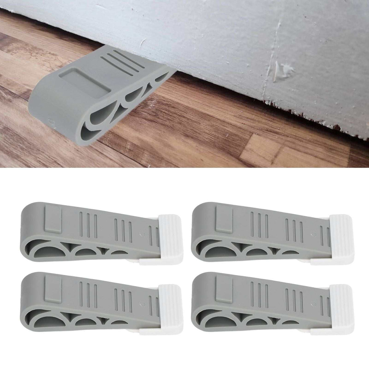 4PCS Stacked Door Stop set of four grey plastic wedge stoppers with ribbed surfaces and white adhesive carriers