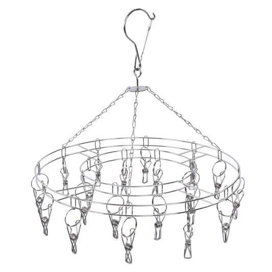 Clothes Hanger drying rack in silver stainless steel, with a circular frame, hanging chains and multiple spring clips