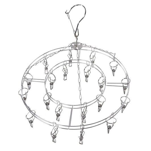 Clothes Hanger drying rack in silver stainless steel, with a circular frame, multiple clips and a large hanging hook