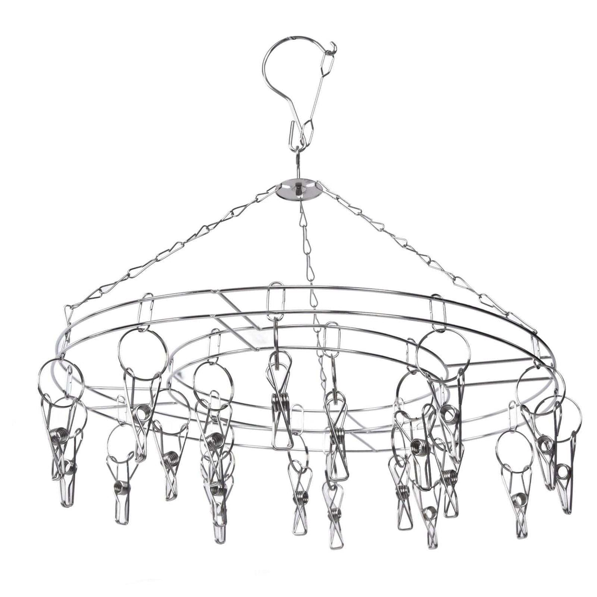Clothes Hanger in silver stainless steel, with a circular frame, hanging chains, and multiple metal clips