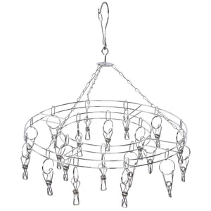 Clothes Hanger drying rack with circular stainless steel frame and dangling metal clips, featuring a hanging hook.