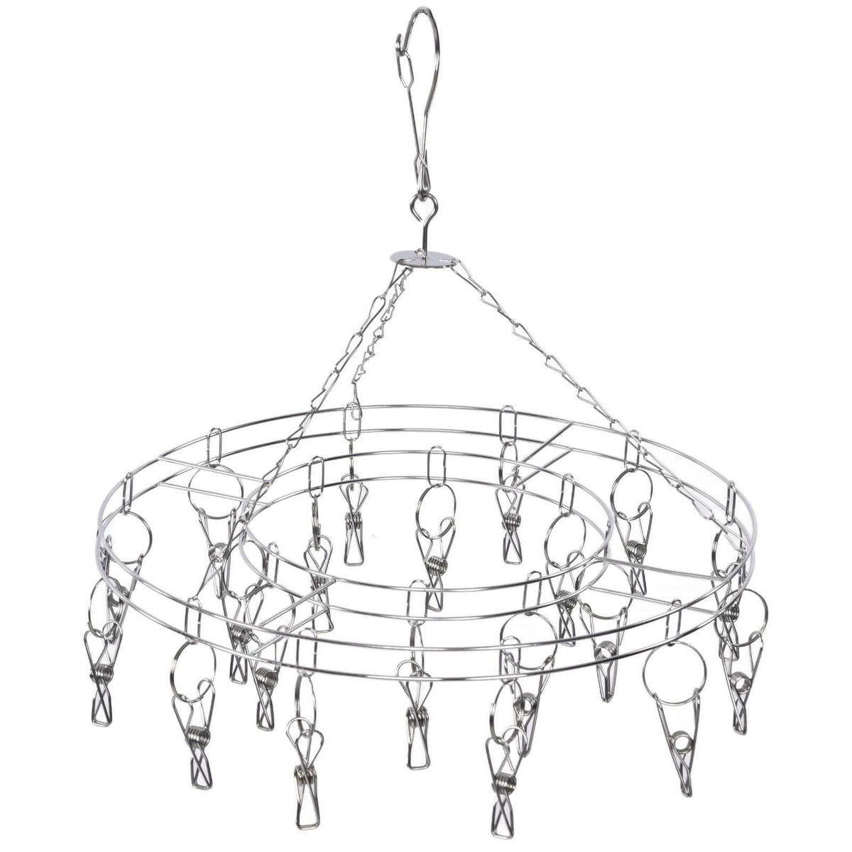 Clothes Hanger drying rack with circular stainless steel frame and dangling metal clips, featuring a hanging hook.