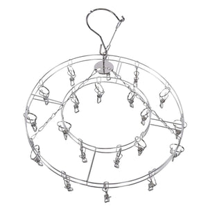 Clothes Hanger drying rack in silver stainless steel, with a circular frame, swivel hook and multiple metal clips.