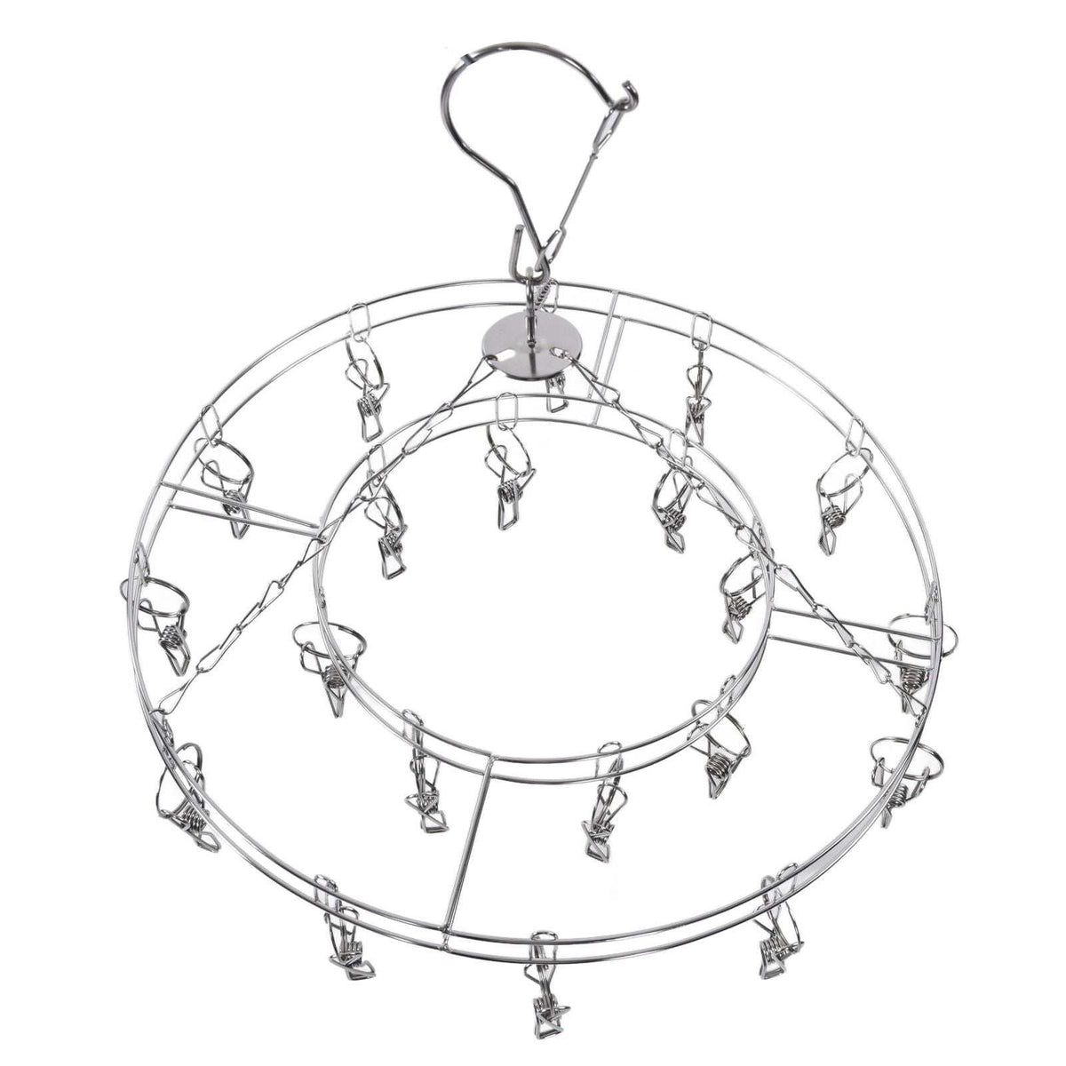 Clothes Hanger drying rack in silver stainless steel, with a circular frame, swivel hook and multiple metal clips.
