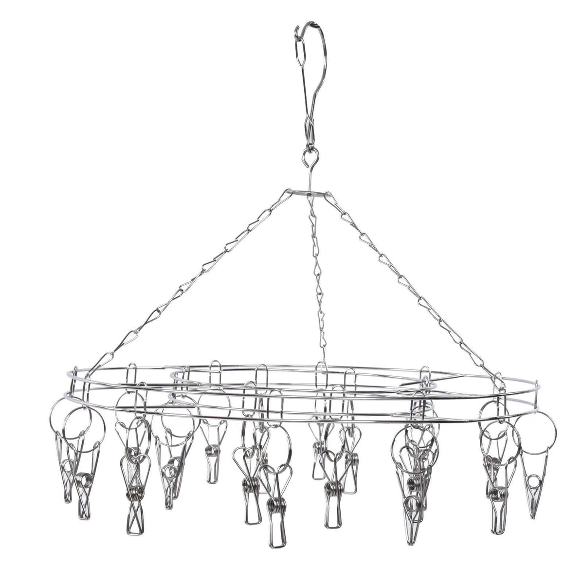 Clothes Hanger in stainless steel with a circular frame, hanging chains, swivel hook and multiple metal clips