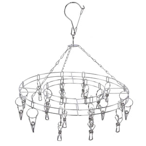 Clothes Hanger drying rack made from silver-tone stainless steel, with circular rings, multiple clips and a hanging hook