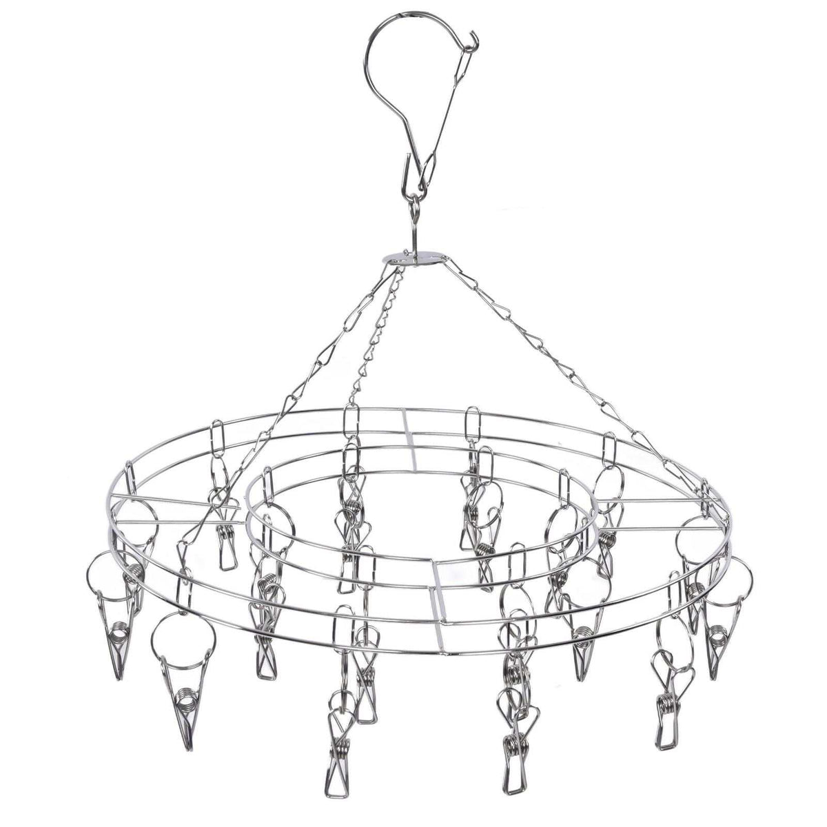 Clothes Hanger drying rack made from silver-tone stainless steel, with circular rings, multiple clips and a hanging hook
