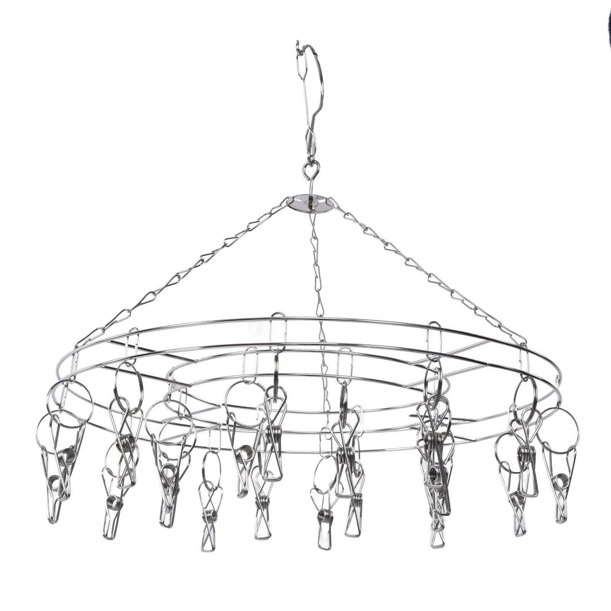 Clothes Hanger drying rack in silver stainless steel, with a circular frame, hanging chain and multiple metal clips